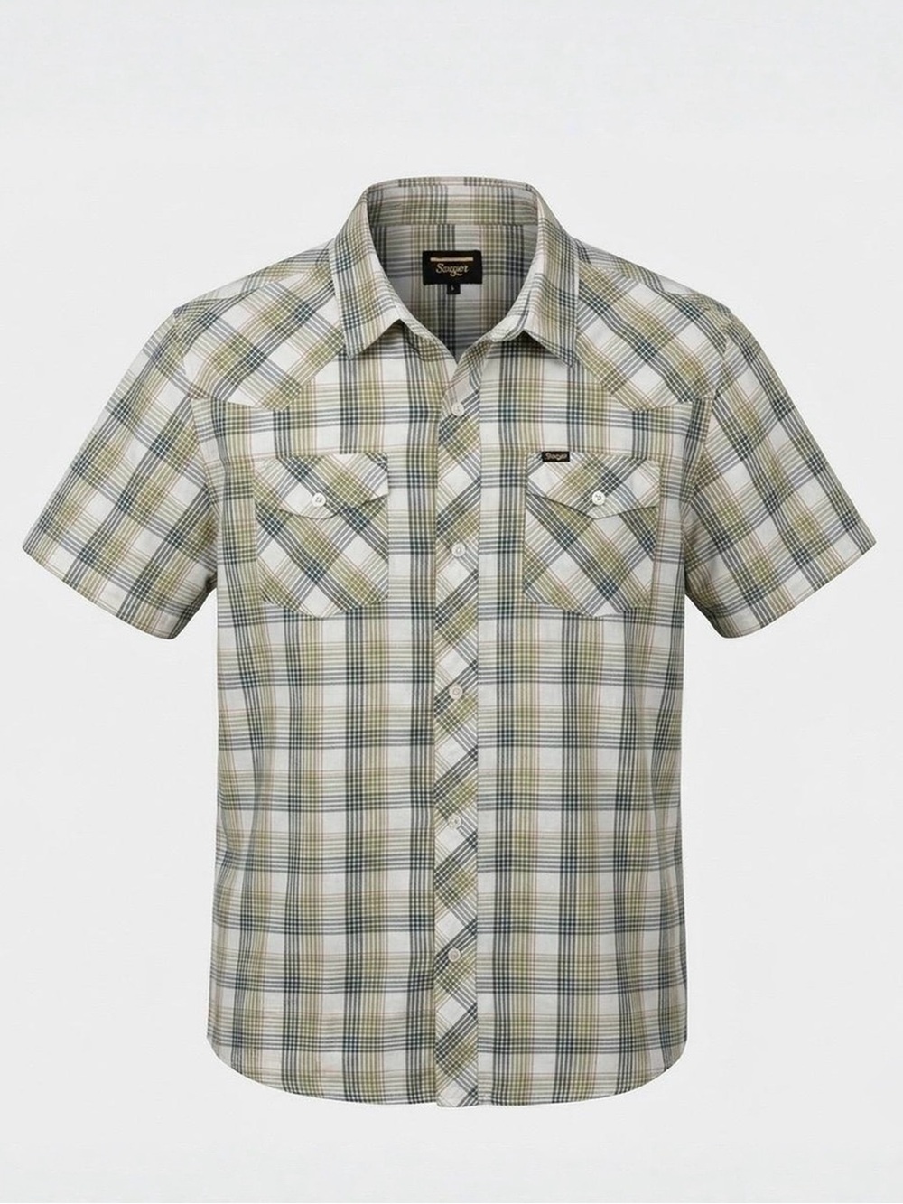 Seager Ranch Hand Shirt Large Tan Olive Plaid Western Short Sleeve Cotton